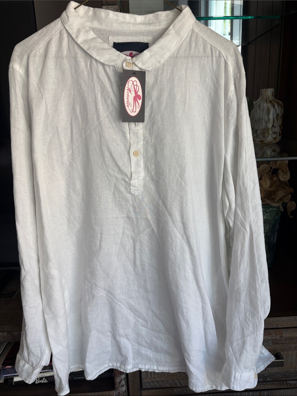 Monelle White Women's Linen Button-Neck Top